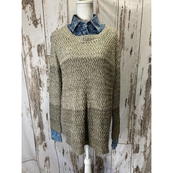 Easel Multi-tone Beige Sweater With Acid Wash Jean Collar Loose Fit - Picture 1 of 5